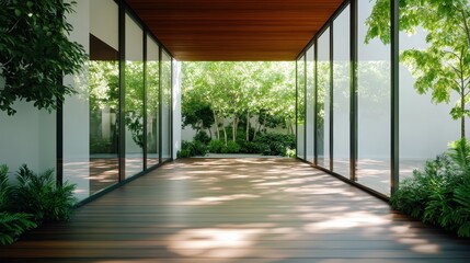 A sleek wooden hallway leads towards a vibrant garden, seen through large glass walls, blending outdoor scenery with modern architectural design in elegant harmony.