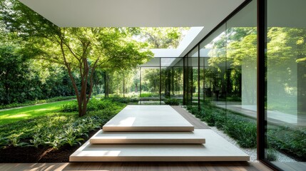 A contemporary home featuring floor-to-ceiling glass windows seamlessly blending indoor and outdoor spaces amidst a vibrant, lush garden setting.
