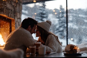 A romantic scene of a couple enjoying hot drinks in a snowy retreat, with a fireplace adding warmth, creating an atmosphere of love and togetherness.