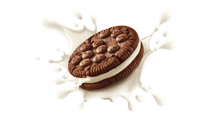 A delicious cookie surrounded by splashes of milk, highlighting a classic treat pairing perfect for any snack lover.
