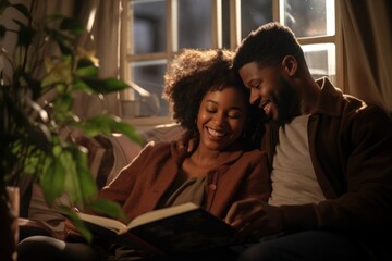 Reading adult book affectionate.