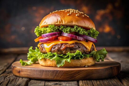 Medium shot of a delectable hamburger masterpiece on a table crafted with culinary artistry