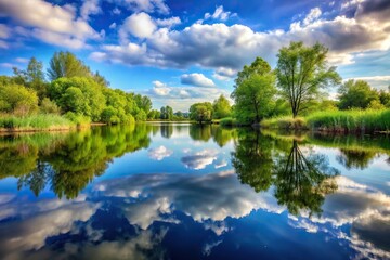 Obraz premium Medium shot of a picturesque waterside scenery reflecting in the water