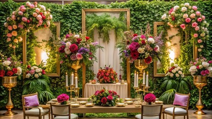 Fototapeta premium Luxury Floral Wedding Decor with Gold Frame, Elegant Centerpieces and Stunning Backdrop for a Dreamy Celebration in a