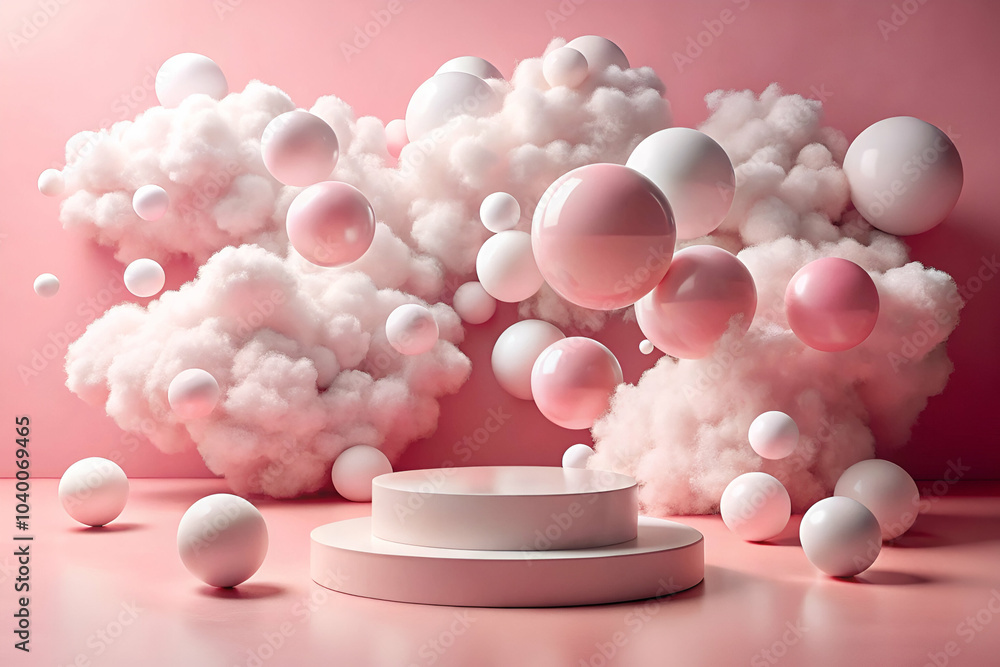 Sticker A whimsical scene of floating spheres amid soft pink clouds, creating a dreamy and abstract aesthetic.