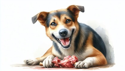 Happy Dog Eating Bone.