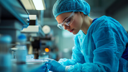 Healthcare worker wearing protective gear and a mask in a busy hospital during a critical patient care situation
