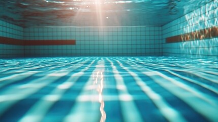 Sunlight streams down through the water, creating dynamic reflections and patterns in a serene swimming pool scene, evoking a sense of tranquility and fluidity underwater.