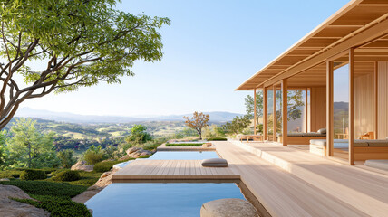 Modern wooden house with large windows overlooking a scenic landscape and infinity pool surrounded by lush greenery