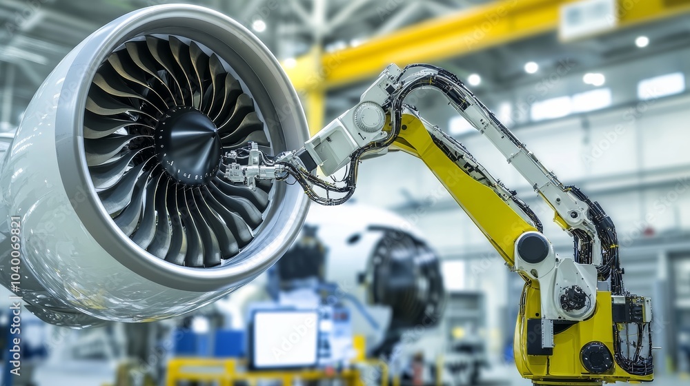 Poster A robot conducting precision inspections on a high-tech aircraft engine in an aerospace maintenance hangar, clean and detailed environment, Aerospace-tech style