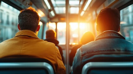 Naklejka premium Passengers are seated in a bus, facing toward the golden sunset that fills the windows, creating a serene and contemplative atmosphere during the commute.