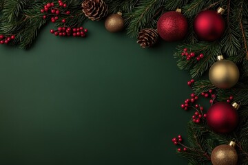 Christmas decor featuring a garland of evergreen branches with red and gold ornaments, pine cones, and bright berries, perfect for a festive ambiance
