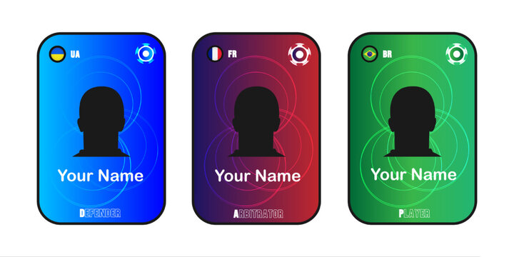 Set of three customizable sports player cards with silhouette, national flags, and role labels