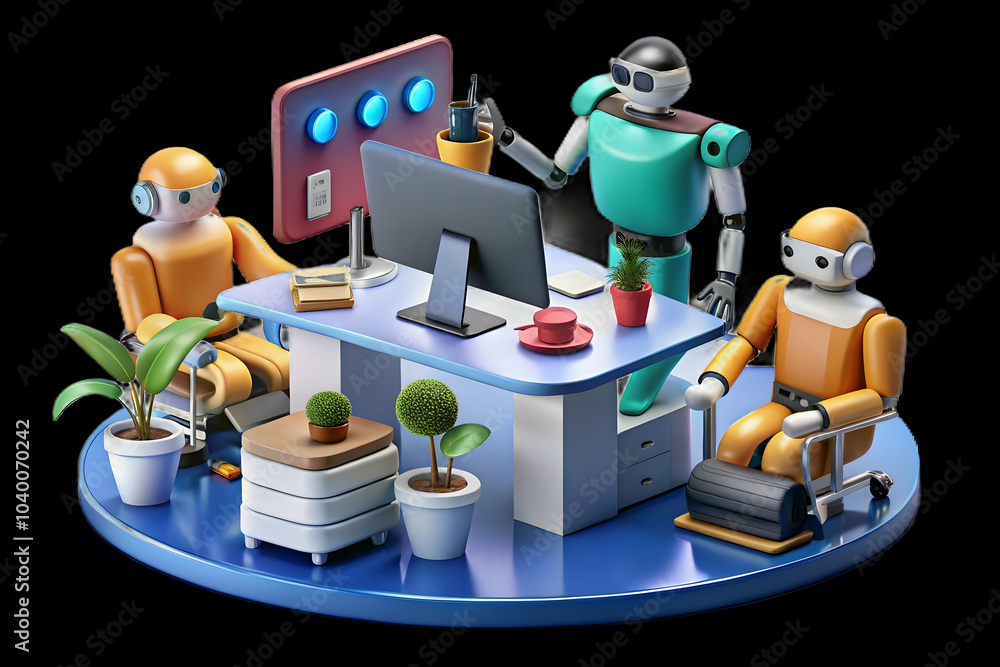 Poster glossy office environment humans robots collaboration modern workspace teamwork efficiency copy spac