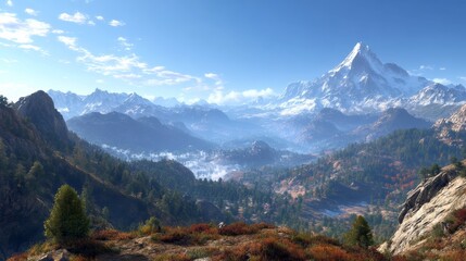 Obraz premium Panoramic mountain views with beautiful landscapes of rolling hills, snow-capped peaks and clear blue skies offer a stunning natural perspective.