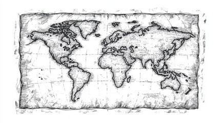 A hand-drawn, black and white sketch of an old world map, perfect for a t-shirt design. It looks like an engraving and has a vintage, scratchy style.