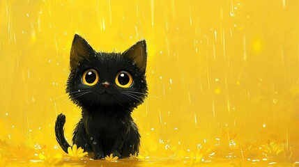 A cartoon-style black cat standing in the rain against a bright yellow backdrop, showcasing its playful demeanor amidst the downpour.