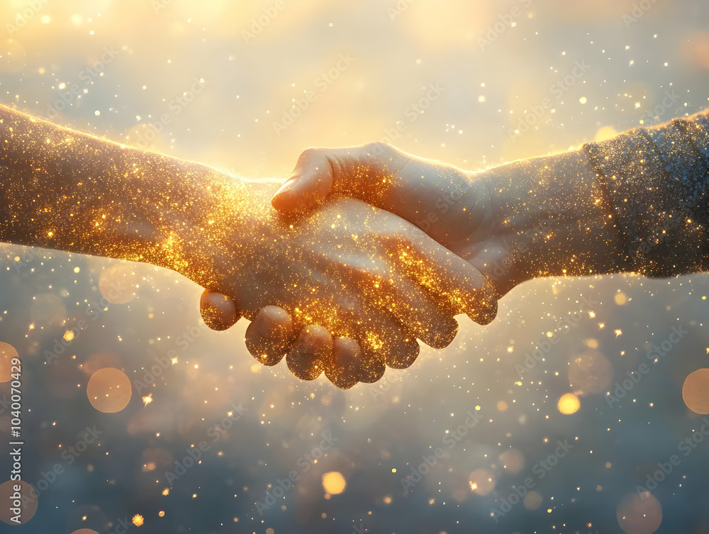 Poster flat ethereal business handshake concept close up of two hands shaking surrounded by glowing bokeh l