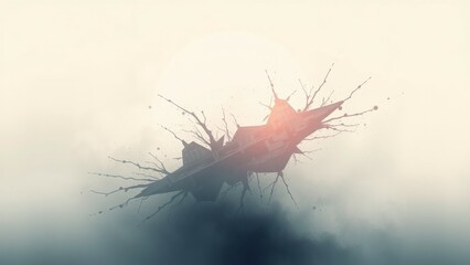 Silhouetted jet breaking through clouds