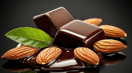 Rich dark chocolate squares with almonds and a fresh leaf on a reflective surface.