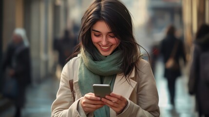 Portrait of young smiling dark-haired woman wearing light-colored coat and green scarf, walking city streets and using smartphone to interact with her friends. Good vibes. Modern technologies concept
