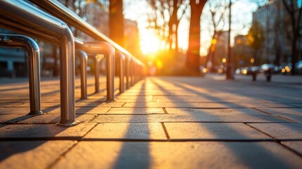 A beautiful urban sunrise creates long, dramatic shadows across a paved walkway, capturing the interplay of light and shadow in a bustling city environment.