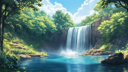 Tranquil Waterfall Cascading into a Serene Forest Lake