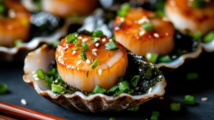 A beautifully crafted image of scallops seared to perfection accompanied by a sprinkle of sesame seeds and fresh green herbs, enhancing its culinary appeal on shell.
