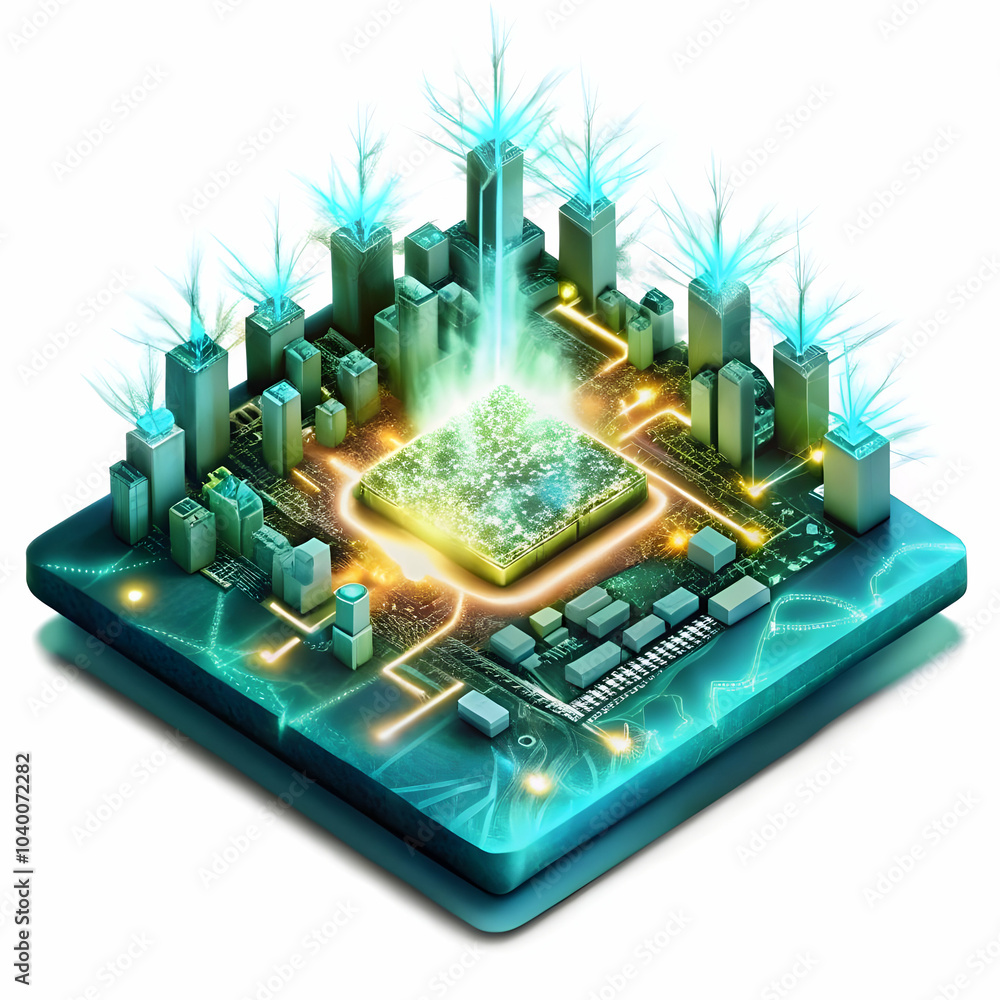 Poster microchip close up city map glowing circuits concept, macro shot of integrated tech, symbolizing sma