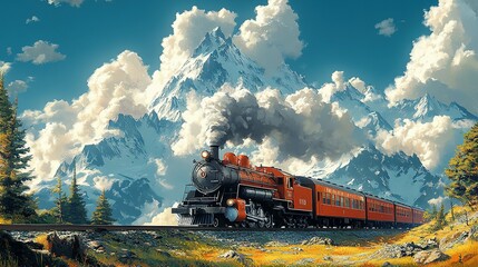 Obraz premium Steam Locomotive Traveling Through Majestic Mountain Landscape