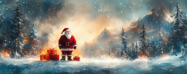 Fototapeta premium Santa Claus at the North Pole with Glowing Gifts