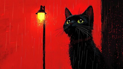 A cartoon-style black cat stands in the rain against a vibrant red backdrop, capturing a whimsical and playful scene.