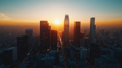 Fototapeta premium A panoramic view of the city at sunset, with skyscrapers and streets bathed in warm light, offers a beautiful urban scene.