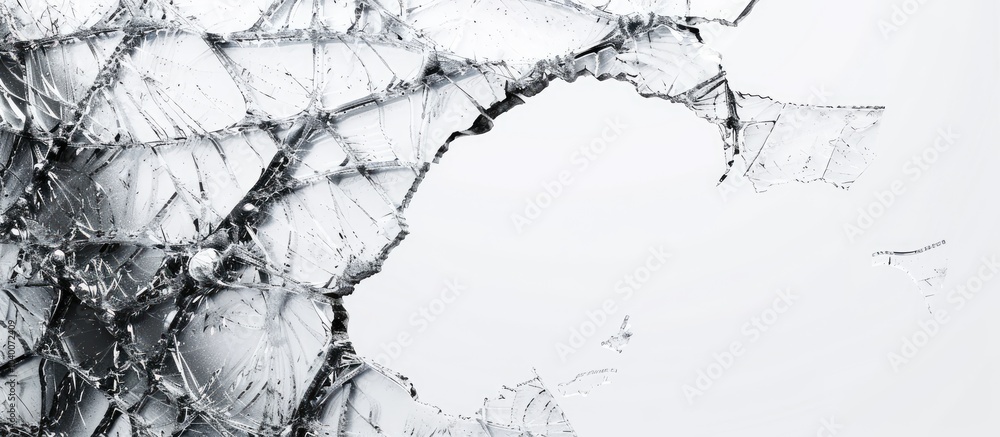 Poster closeup shot showing a torn window screen on a white background with copy space image available