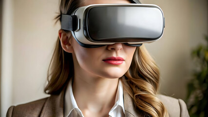 Professional Woman Wearing VR Headset Plain Background Virtual Reality Modern Workplace Ample Copy Space for Text Advertising Stock Photo Concept