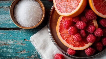 A rustic wooden table holds a bowl of vibrant raspberries and half a juicy grapefruit beside a small bowl of white sugar, suggesting a sweet, refreshing treat.