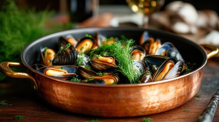 A stunning copper pot brimming with mussels and green herbs captures an inviting scene of culinary artistry and delicious delicacies ready to be savored.