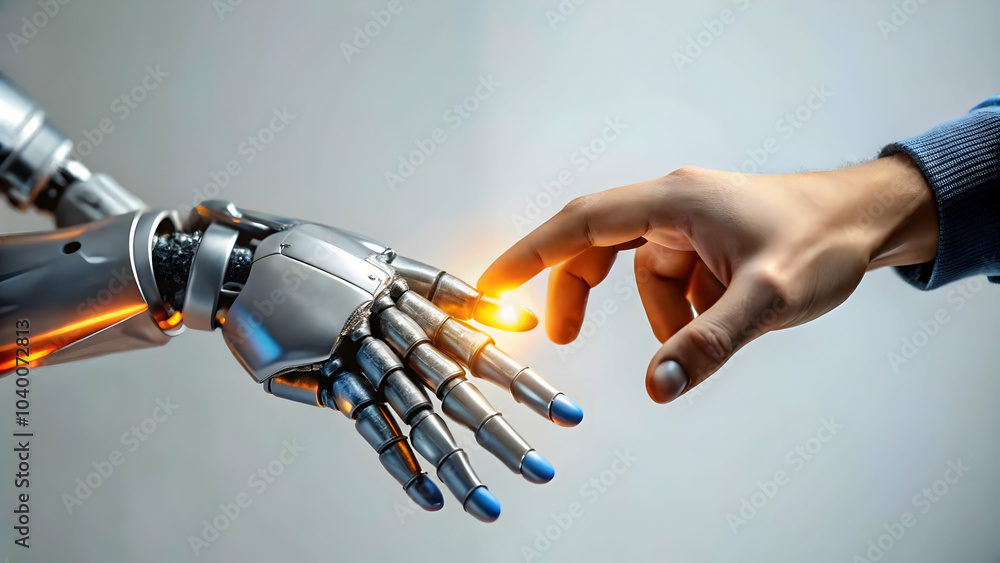 Poster interlocking human robotic gears concept seamless collaboration image plain background for branding 