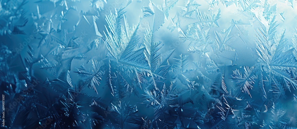 Poster blue ice winter background with a frozen pattern on a window creating a textured blue wallpaper perf