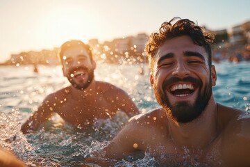 A bearded man, gleefully enjoying a swim with a friend in sunlit waters, highlights the joy of companionship and the simple pleasures of life on a bright day.