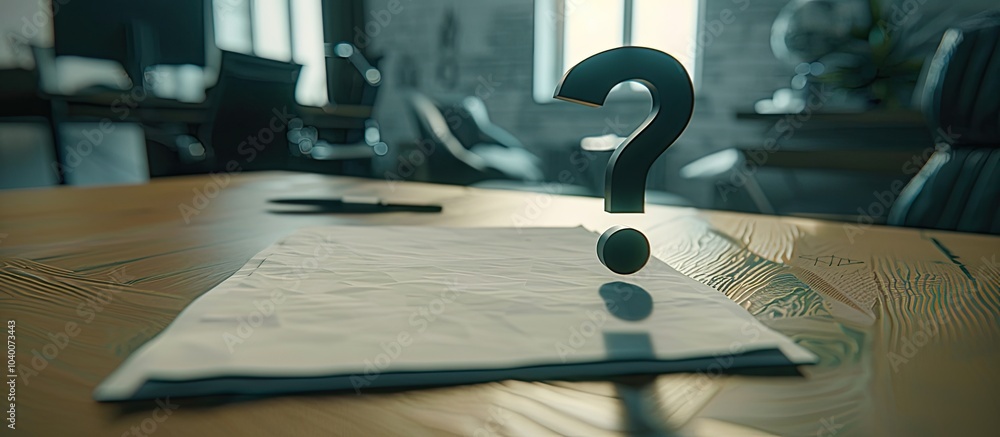 Poster overhead shot of question mark on paper with office desk in background with ample copy space image