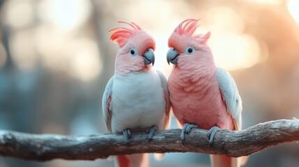 A delightful pair of pink cockatoos perched on a tree branch, showcasing their vivid plumage and close bond, against a beautifully soft, blurred background.