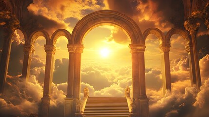 Golden Archway to Heaven  Sunbeams  Clouds  Celestial Stairway  Spiritual Concept