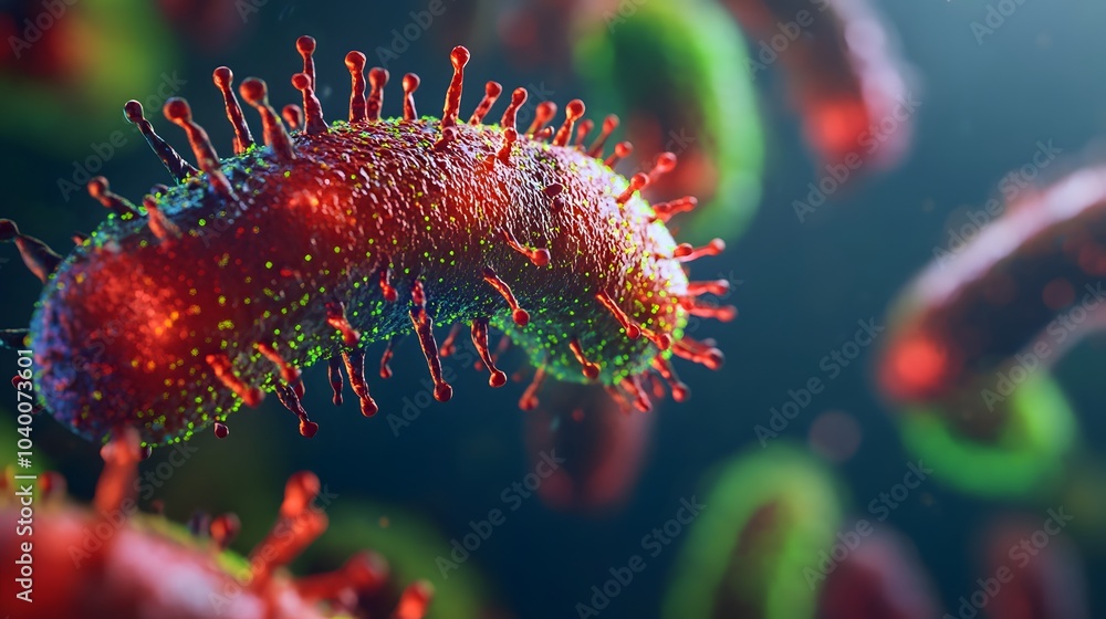 Poster microscopic image of a virus with spikes 3d render