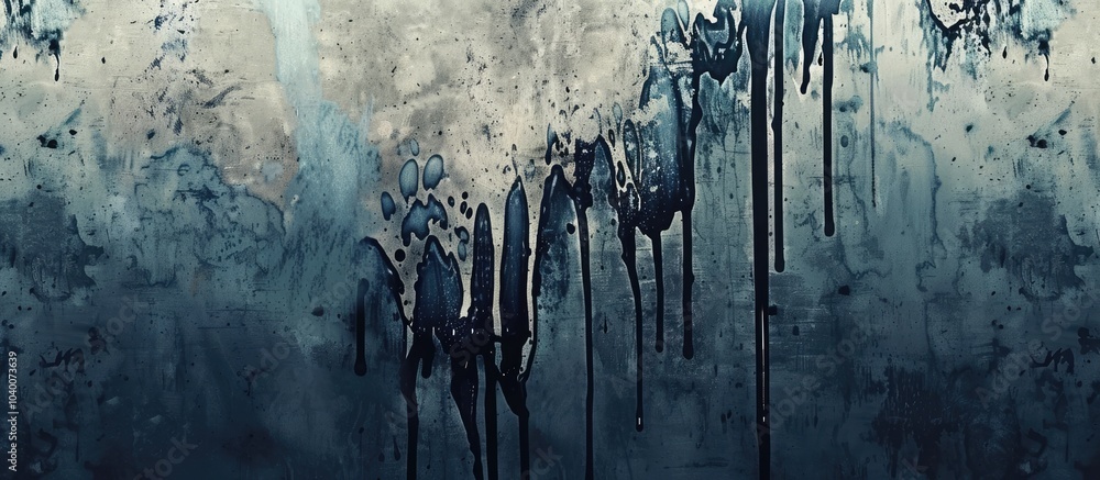 Poster abstract background with a dark blue flowing paint over a retro aged dirty wall with melting black d