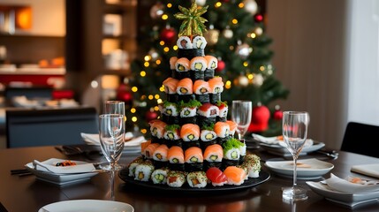 Naklejka premium Festive Sushi Christmas Tree on Table Setting with Wine Glasses
