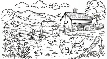 A fun cartoon picture of a farm to color in, great for learning about farm animals.