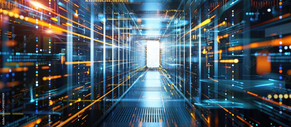 Poster digitally generated image shows shapes moving over a server room in a global business and digital in