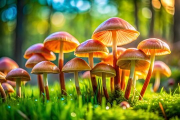 Fototapeta premium Macro Photography of Vibrant Mushrooms on Lush Grass - Nature's Fungi Close-Up