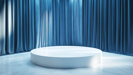 Elegant Blue Stage - Illuminated White Podium Against Dramatic Curtains
